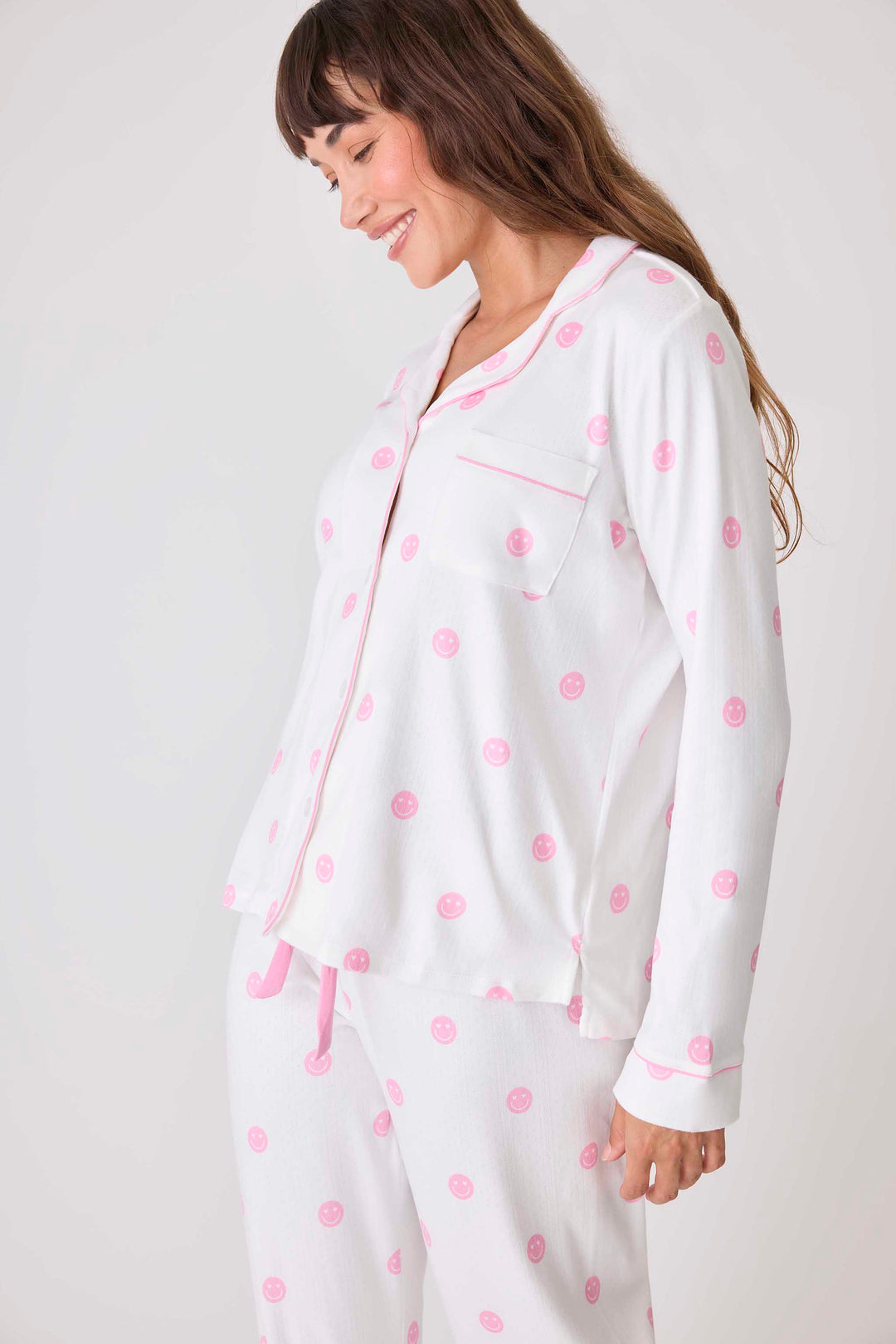 Women's ivory pajama top with pink happy face pattern. Exclusive PJS x Susan G Komen style.