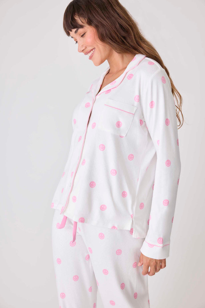 Women's ivory pajama top with pink happy face pattern. Exclusive PJS x Susan G Komen style.