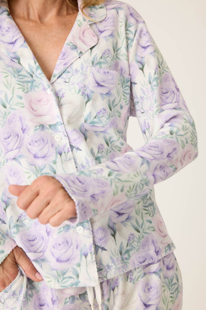 Women's lilac rose pattern collared pj top.