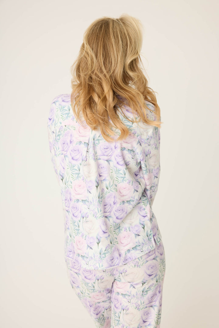 Women's lilac rose pattern collared pj top.