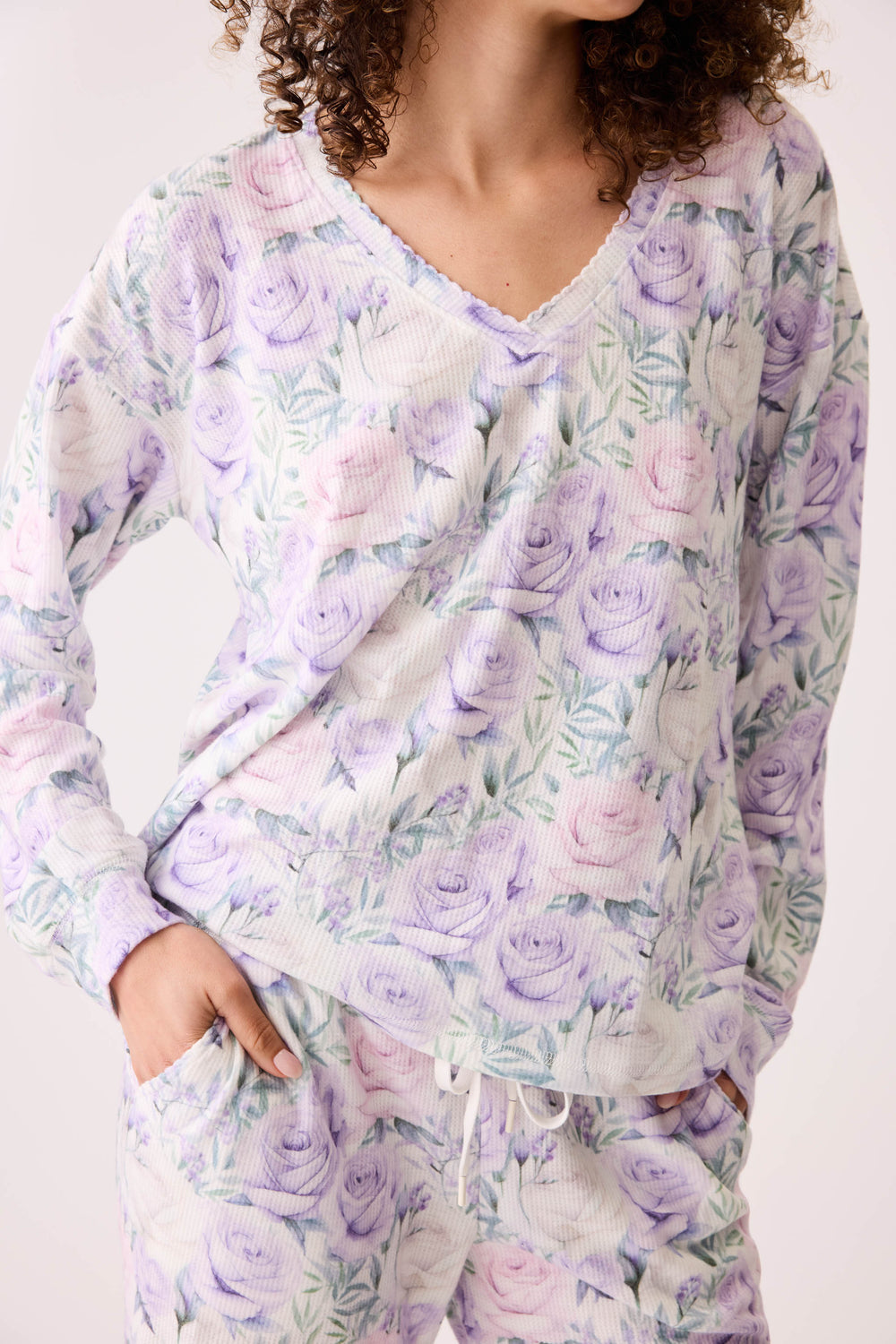 Women's lilac rose pattern v-neck long sleeve pj top.