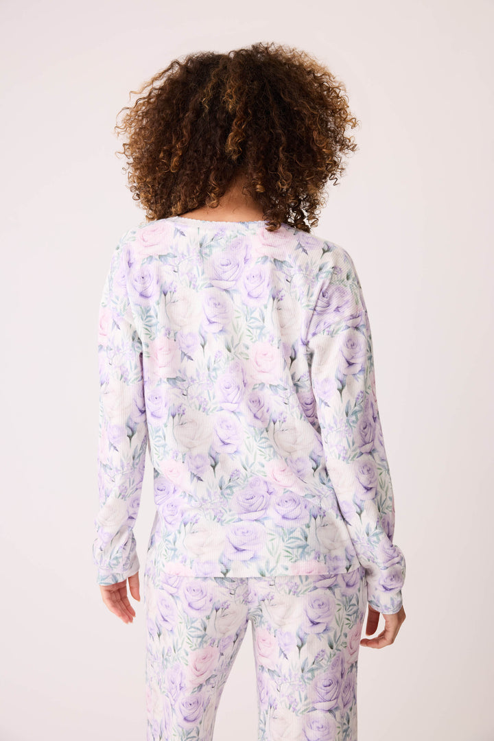 Women's lilac rose pattern v-neck long sleeve pj top.