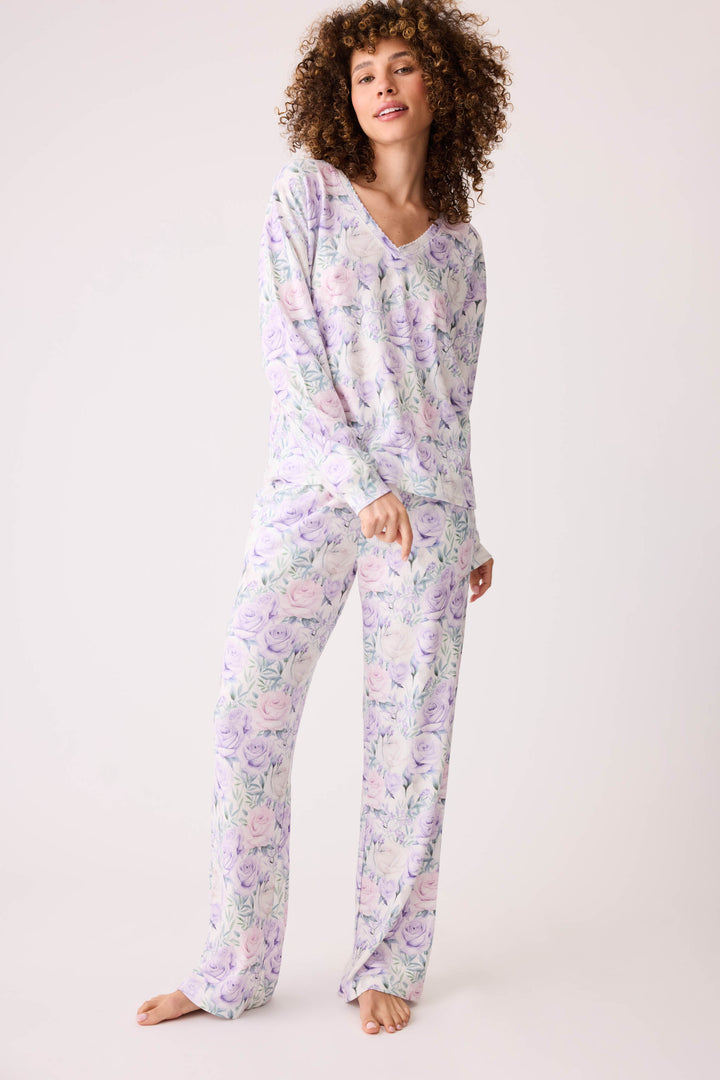 Women's lilac rose pattern v-neck long sleeve pj top.