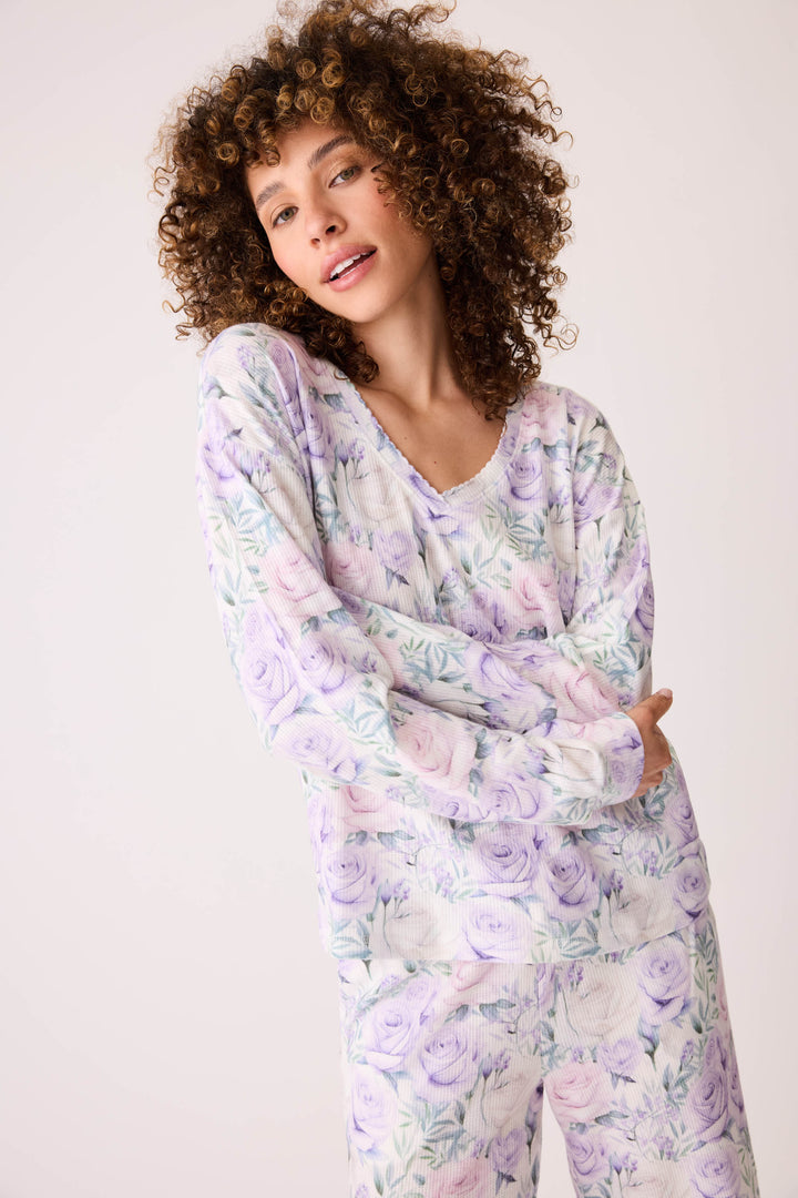 Women's lilac rose pattern v-neck long sleeve pj top.