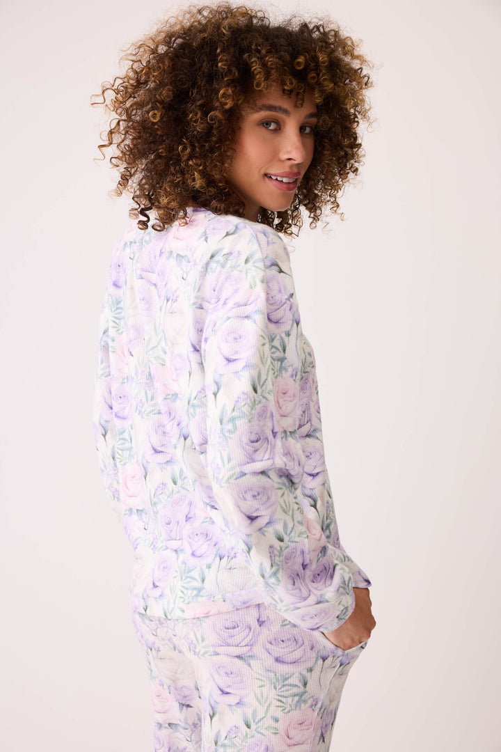 Women's lilac rose pattern v-neck long sleeve pj top.