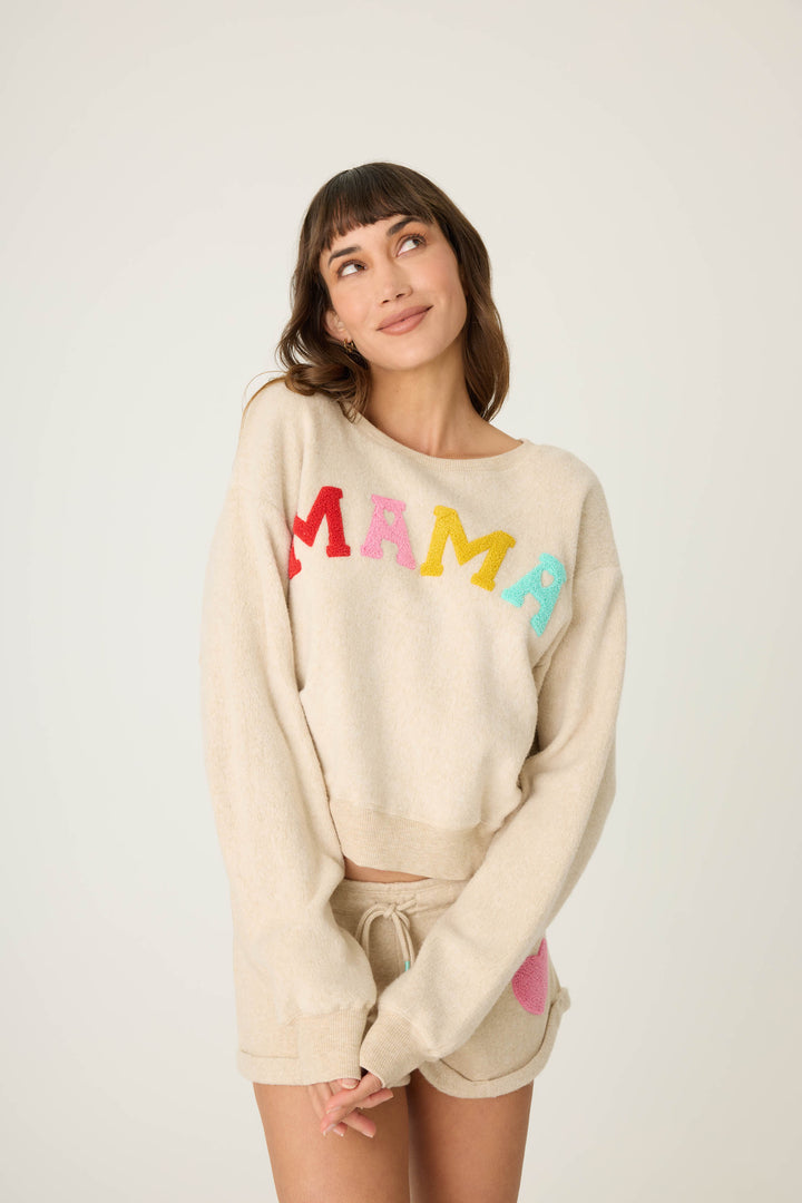MAMA multicolored boucle lettering on women's pullover sweatshirt. Oatmeal sweatshirt with gathered, at waist length