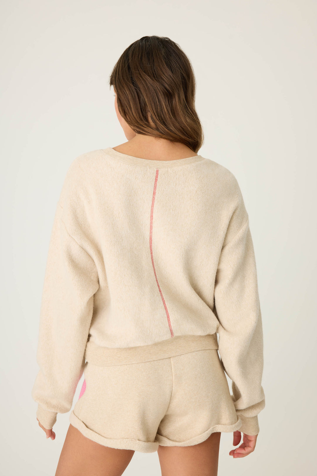 MAMA multicolored boucle lettering on women's pullover sweatshirt. Oatmeal sweatshirt with gathered, at waist length