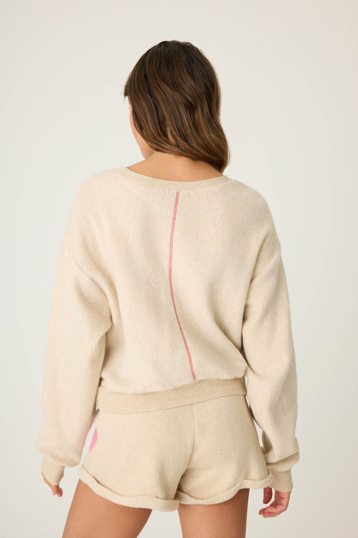 MAMA multicolored boucle lettering on women's pullover sweatshirt. Oatmeal sweatshirt with gathered, at waist length
