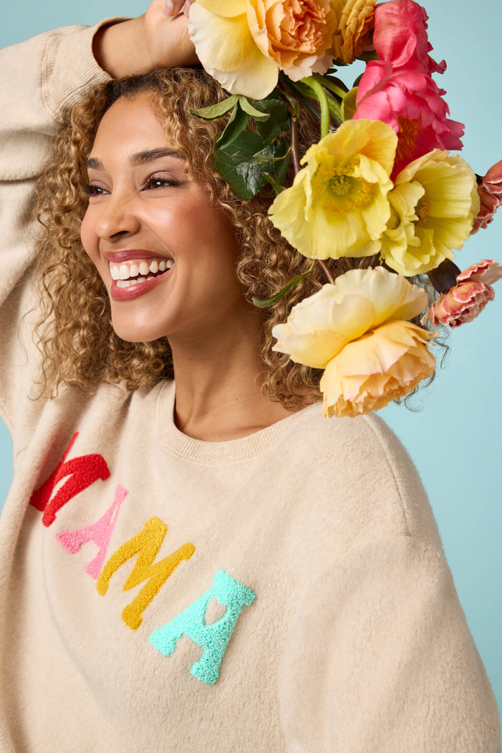 MAMA multicolored boucle lettering on women's pullover sweatshirt. Oatmeal sweatshirt with gathered, at waist length