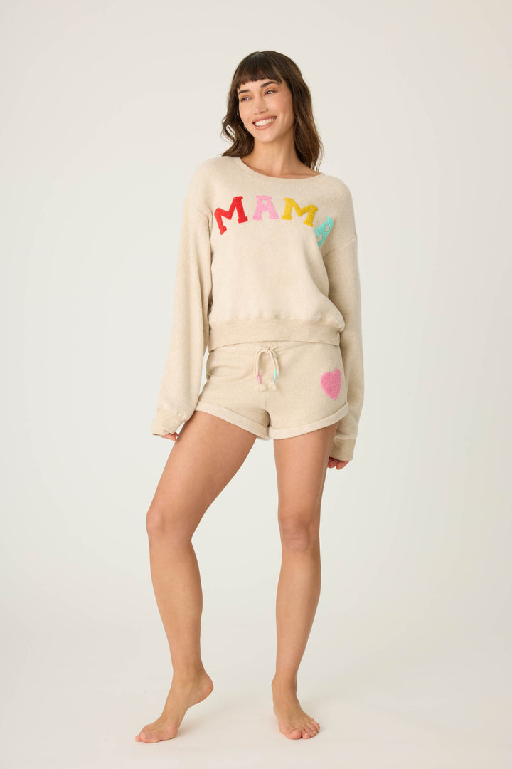MAMA multicolored boucle lettering on women's pullover sweatshirt. Oatmeal sweatshirt with gathered, at waist length