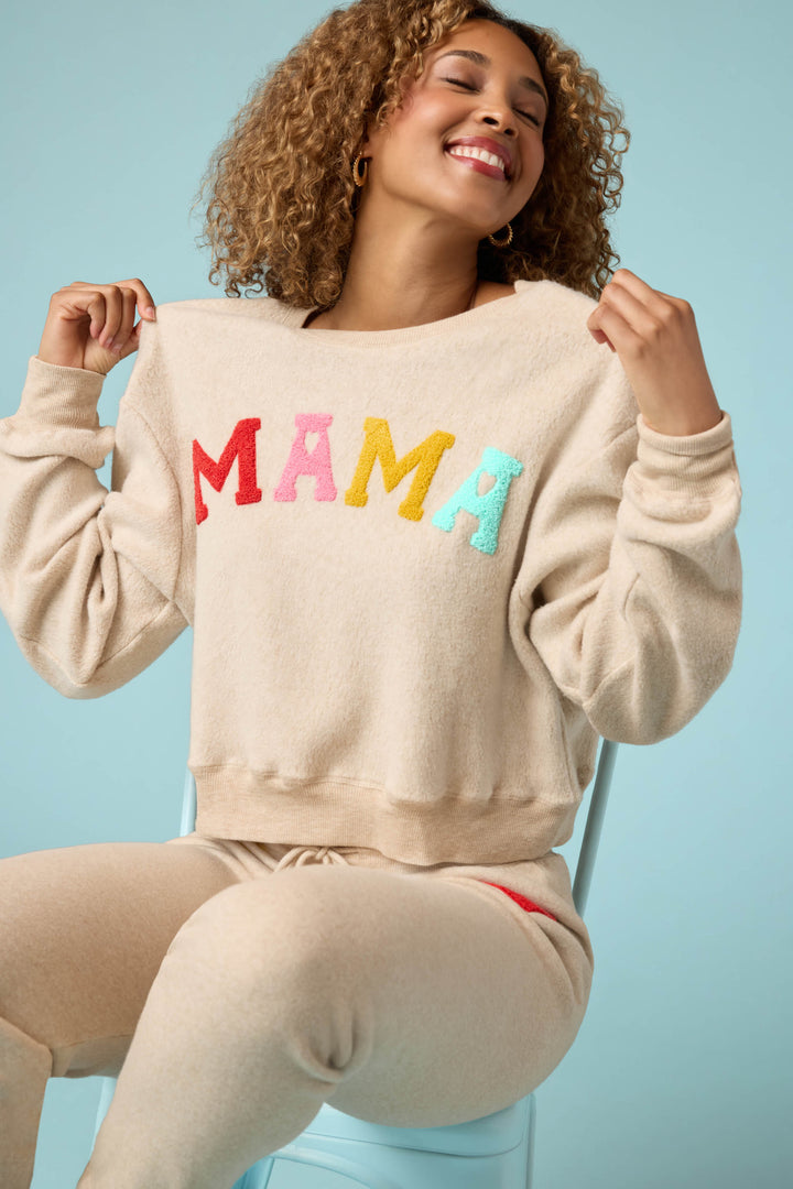 MAMA multicolored boucle lettering on women's pullover sweatshirt. Oatmeal sweatshirt with gathered, at waist length