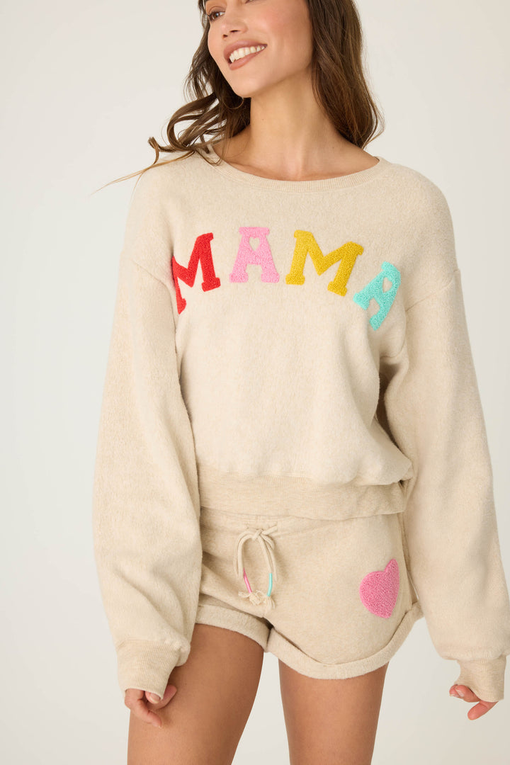 MAMA multicolored boucle lettering on women's pullover sweatshirt. Oatmeal sweatshirt with gathered, at waist length
