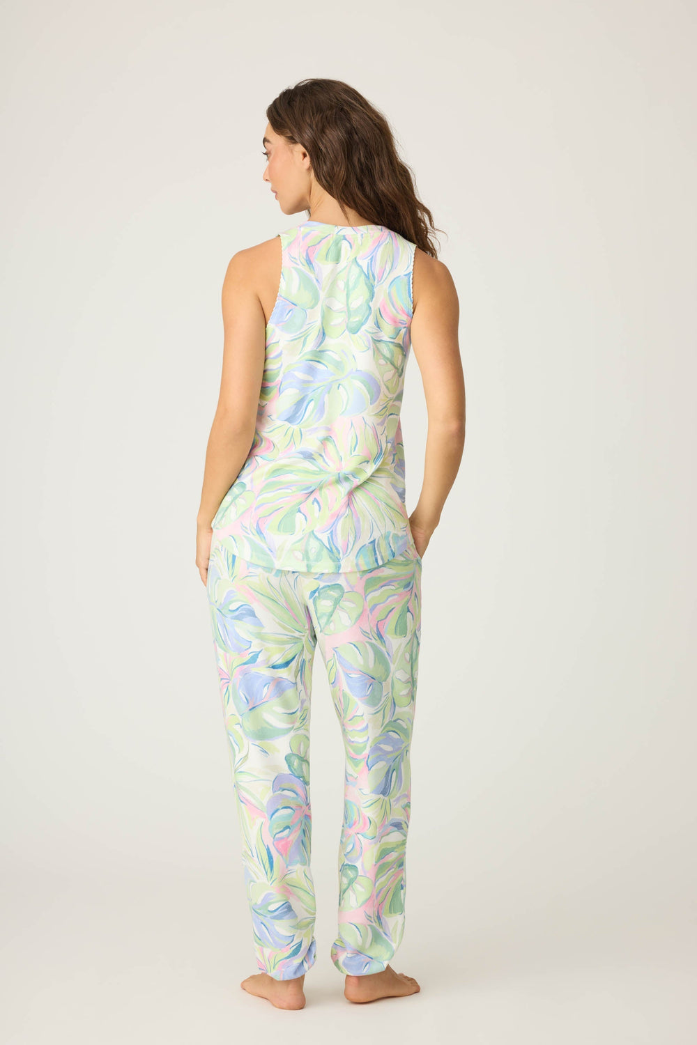 Women's green-ivory-peri tropical lounge set. Tank top & jogger pant with side pockets.