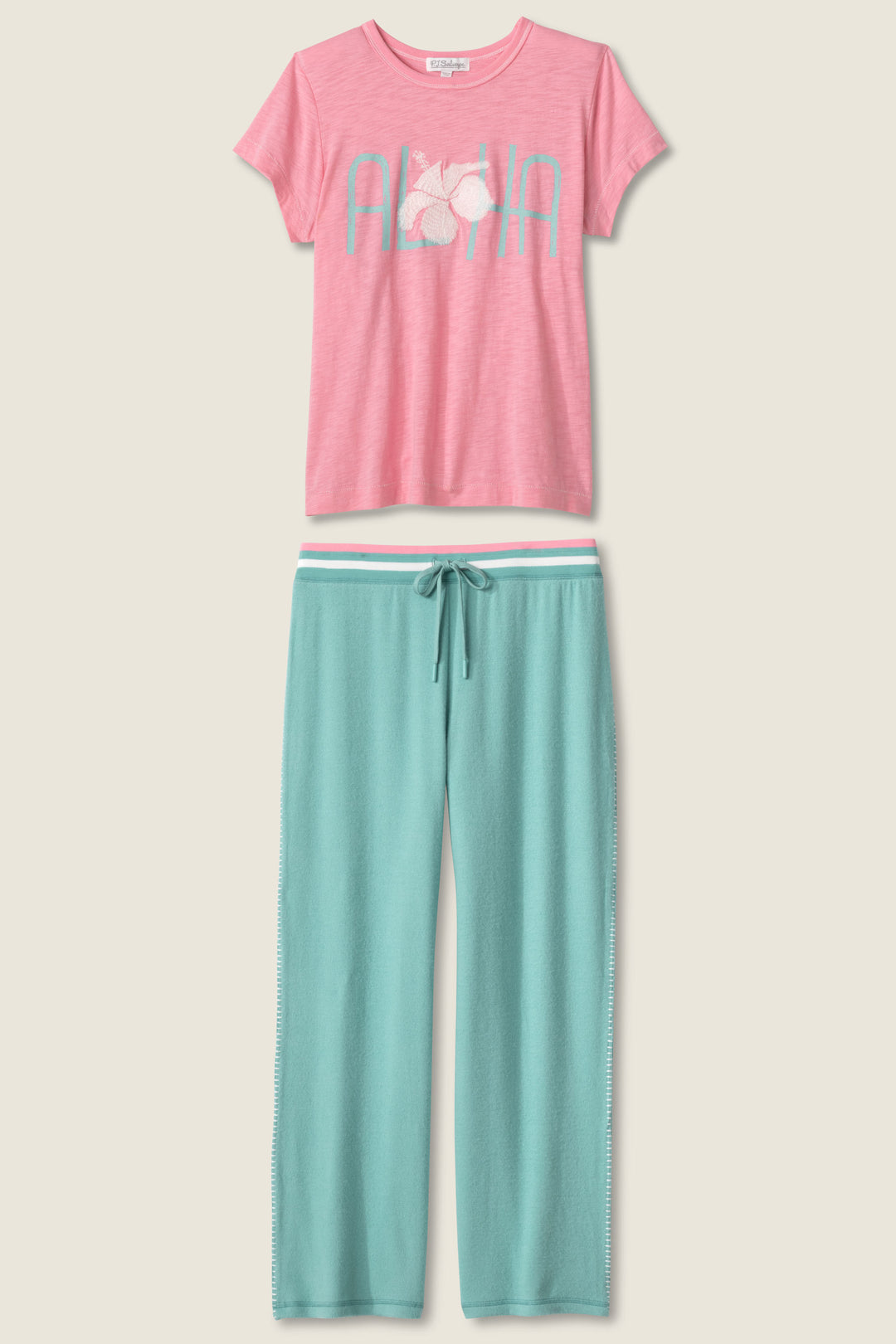 Women's lounge set of green crop lounge pant with pink Aloha print short sleeve t-shirt.