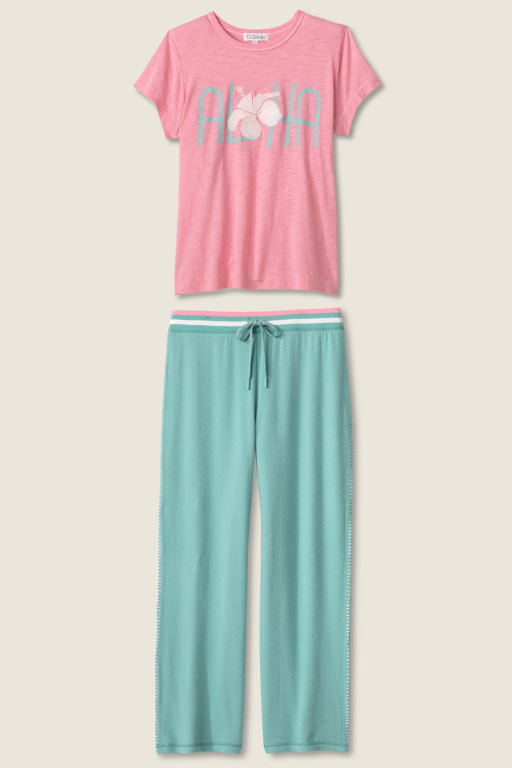 Women's lounge set of green crop lounge pant with pink Aloha print short sleeve t-shirt.