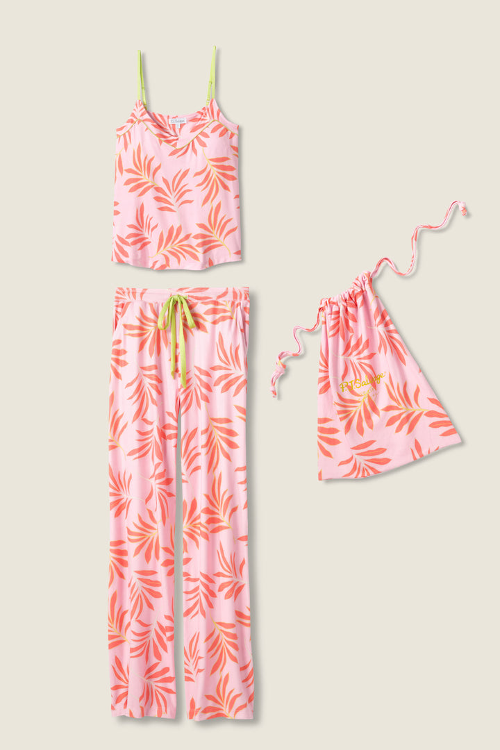 Women's pink & orange tropical print lounge set. Camisole top with adjustable straps. Open leg pant with tie waist.