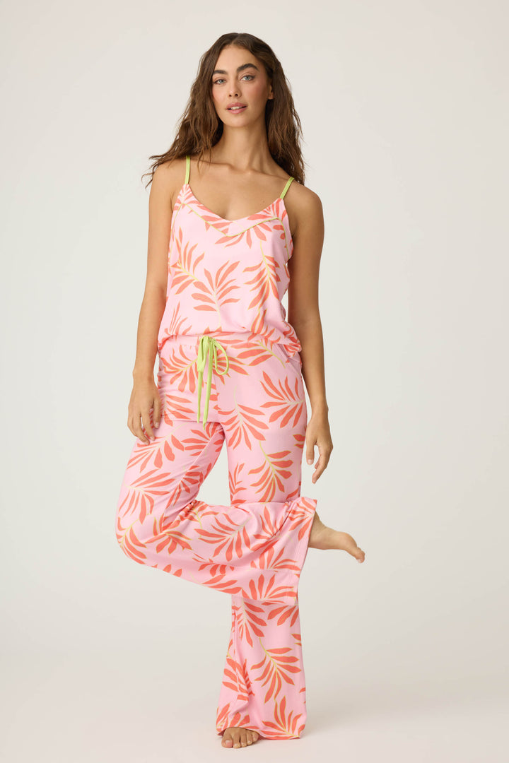 Women's pink & orange tropical print lounge set. Camisole top with adjustable straps. Open leg pant with tie waist.
