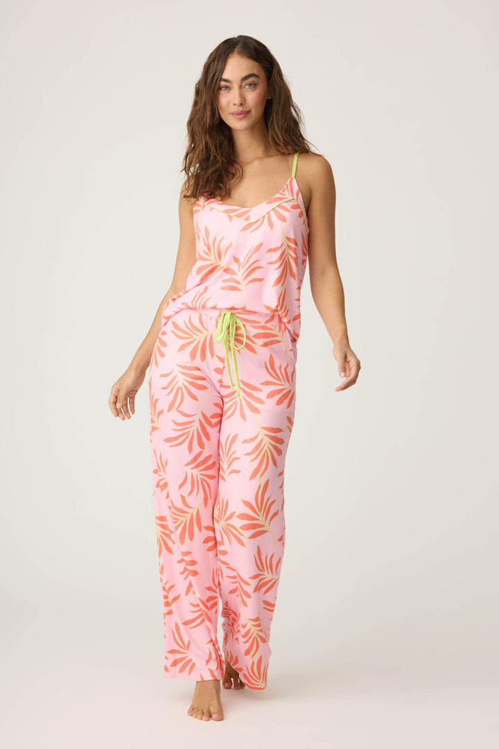 Women's pink & orange tropical print lounge set. Camisole top with adjustable straps. Open leg pant with tie waist.