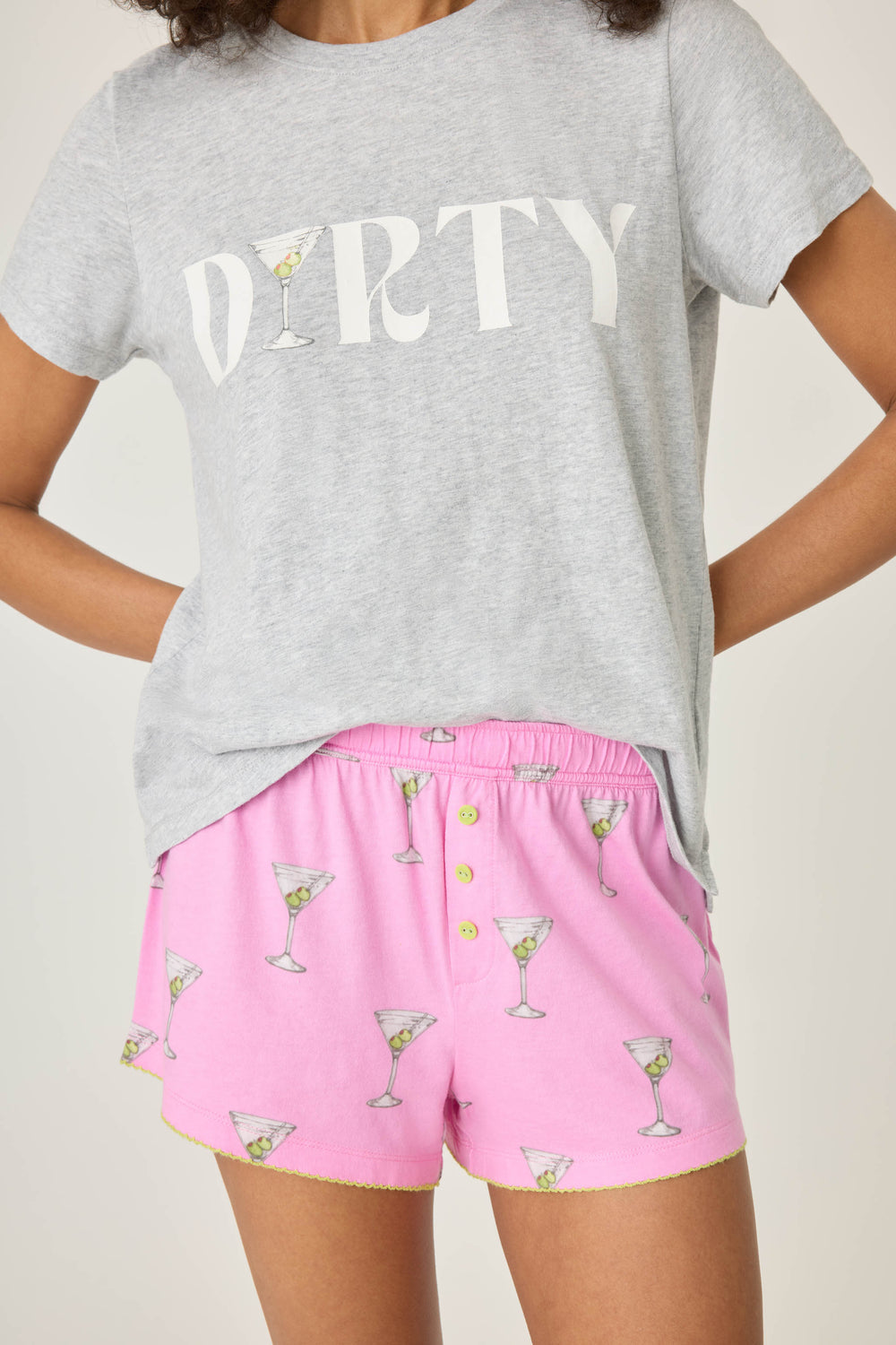 Women's sleep set grey t-shirt with 'Dirty' graphic & pink martini print pajama short.