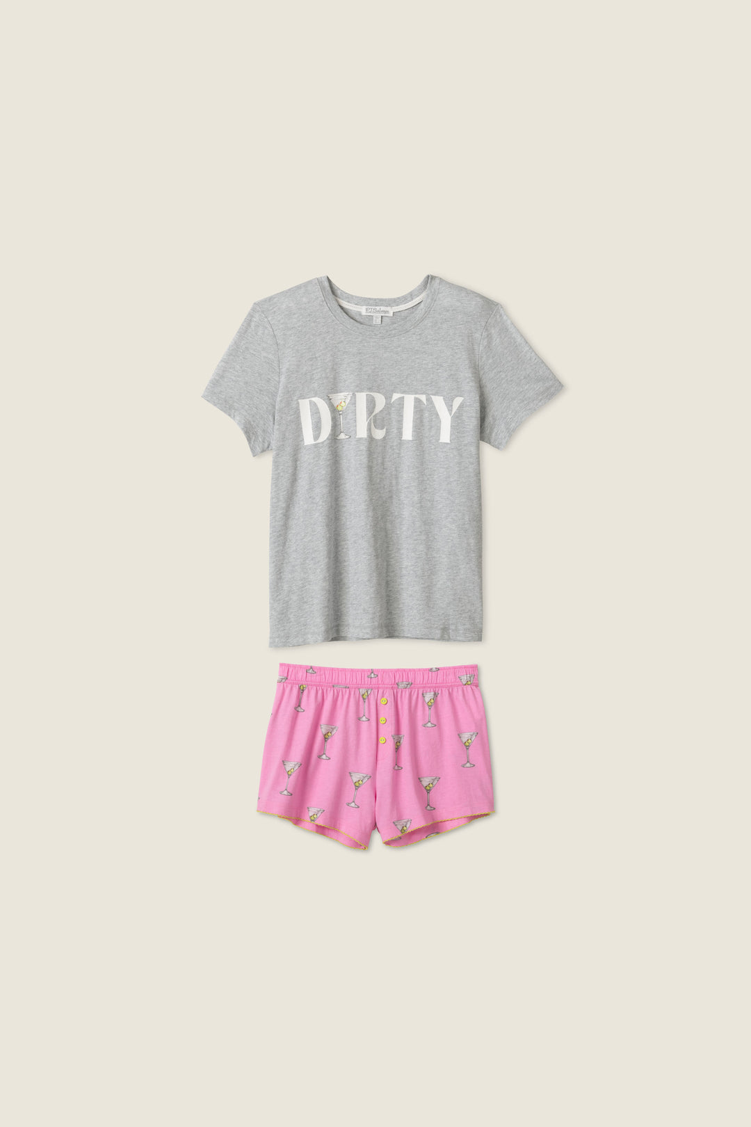 Women's sleep set grey t-shirt with 'Dirty' graphic & pink martini print pajama short.