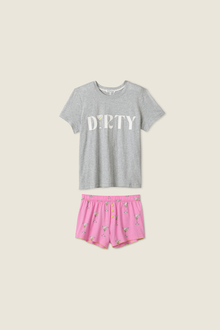 Women's sleep set grey t-shirt with 'Dirty' graphic & pink martini print pajama short.