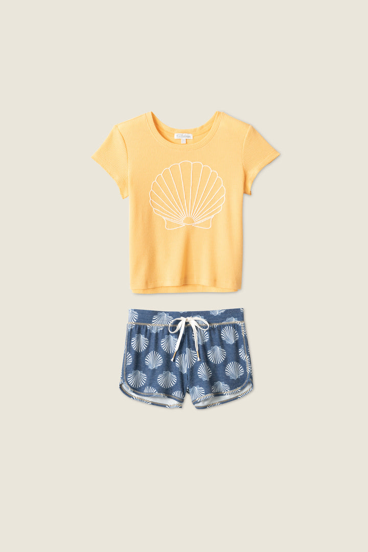Women's lounge set with yellow short sleeve shell-embroidered t-shirt & navy shell printed lounge short.