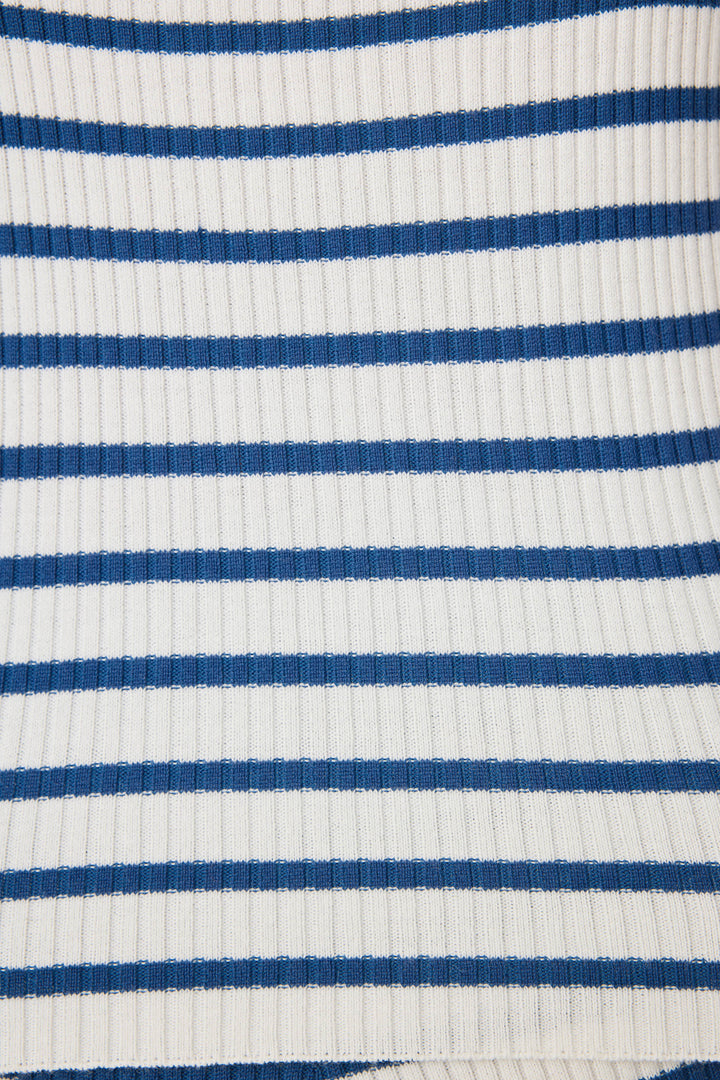 Women's rib knit fitted sleep short & tank top for women in ivory-blue stripe with navy picot-edge hem.