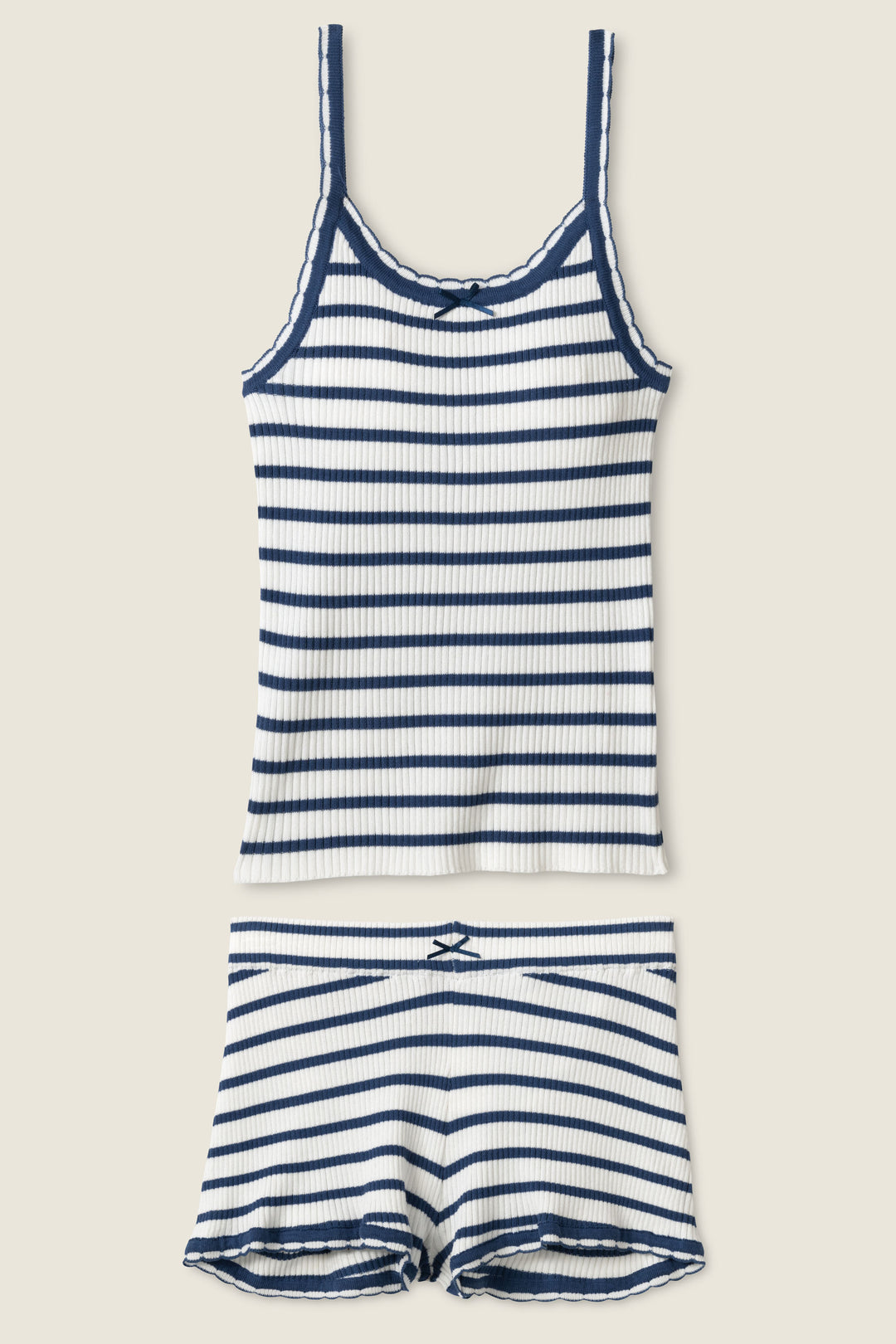 Women's rib knit fitted sleep short & tank top for women in ivory-blue stripe with navy picot-edge hem.