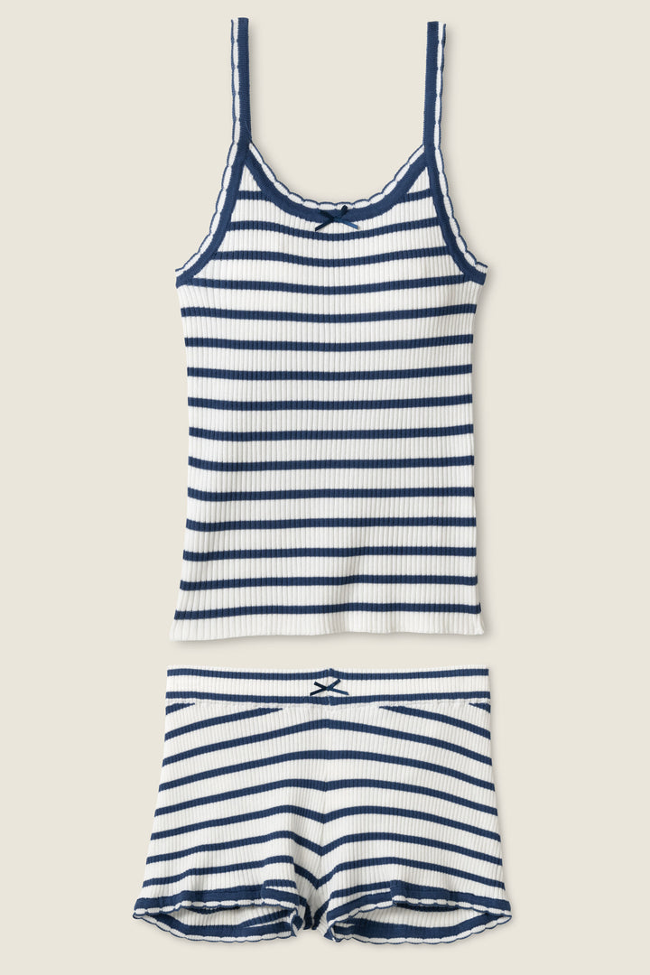Women's rib knit fitted sleep short & tank top for women in ivory-blue stripe with navy picot-edge hem.