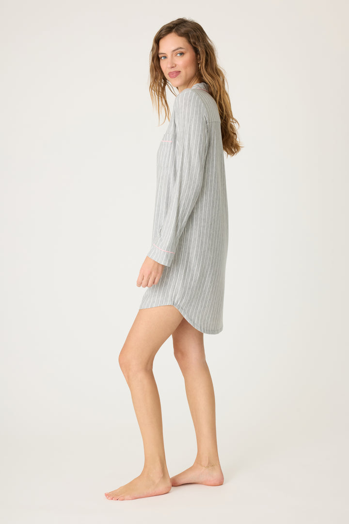 Grey-ivory pinstripe modal women's night sleep shirt with button front & pink piping contrast. Chest pocket and rounded hem.