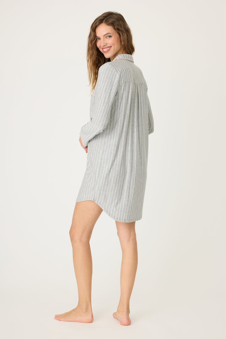 Grey-ivory pinstripe modal women's night sleep shirt with button front & pink piping contrast. Chest pocket and rounded hem.