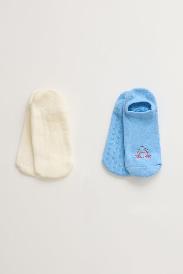 2-pack half-cushion liner socks. Women & girls socks in blue with crab embroidery & solid ivory.