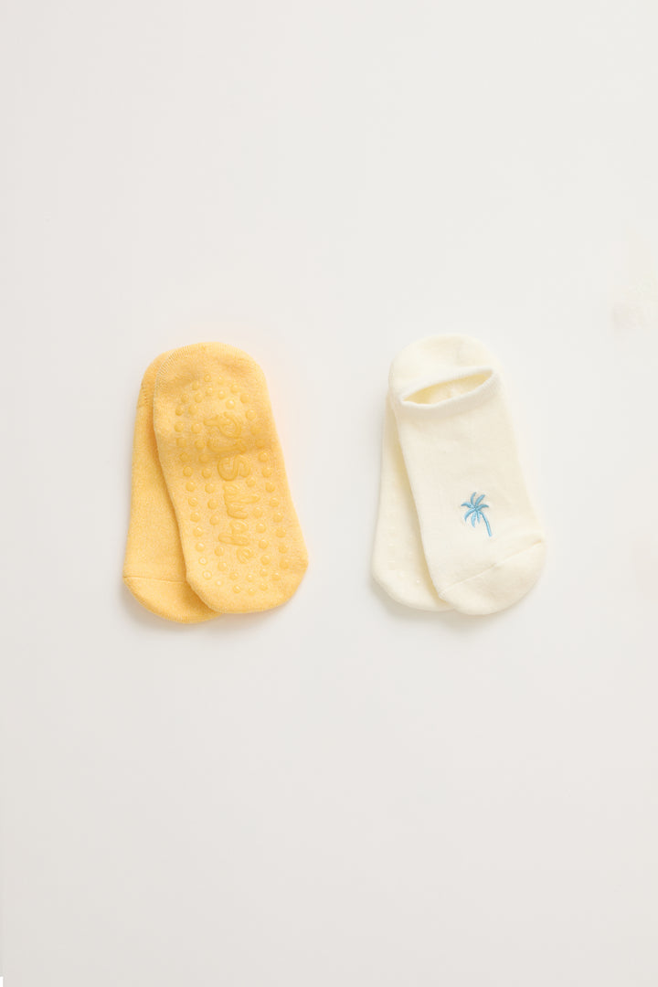 2-pack half-custion liner socks. Women's & girls' socks in ivory-blue palm tree & solid yellow.
