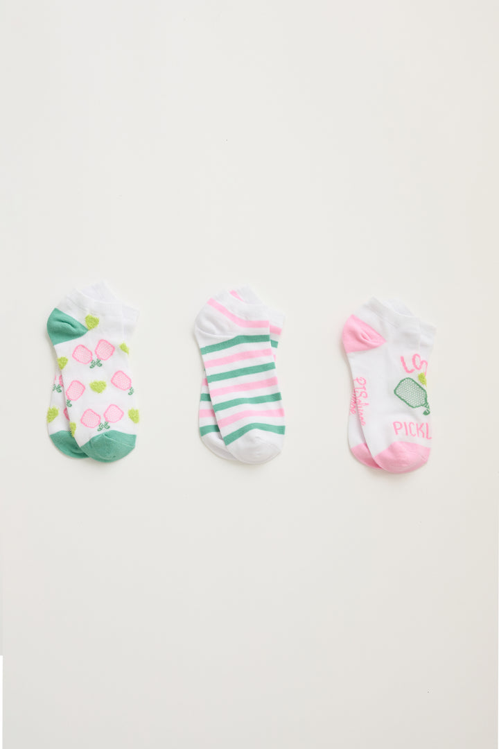 3-pack no-show socks with Pickleball motif for women & girls. White-pink-green designs.