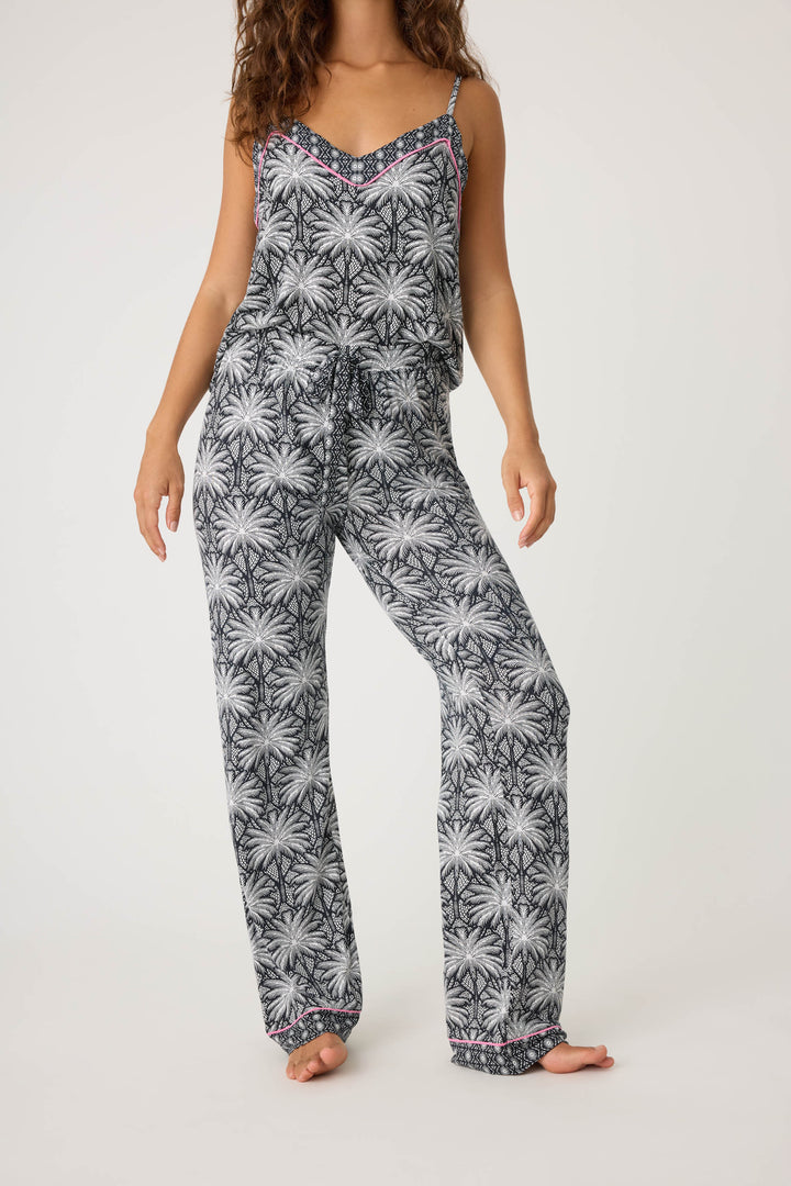 Women's black & ivory palm print pajama pant in modal. Contrast printed hem & waist ties.