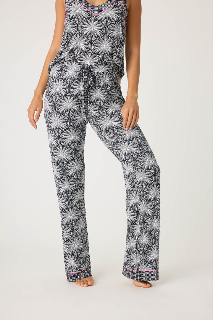 Women's black & ivory palm print pajama pant in modal. Contrast printed hem & waist ties.