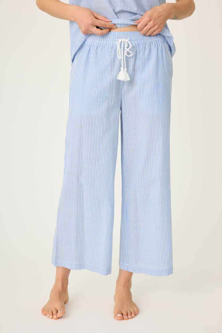 Women's blue & white striped cotton crop pant with pockets. With waist tassle cord detail. Lightweight woven.