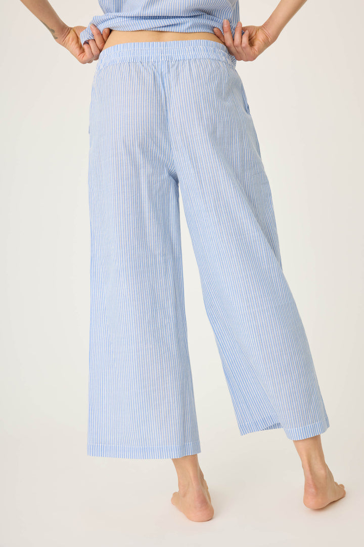 Women's blue & white striped cotton crop pant with pockets. With waist tassle cord detail. Lightweight woven.