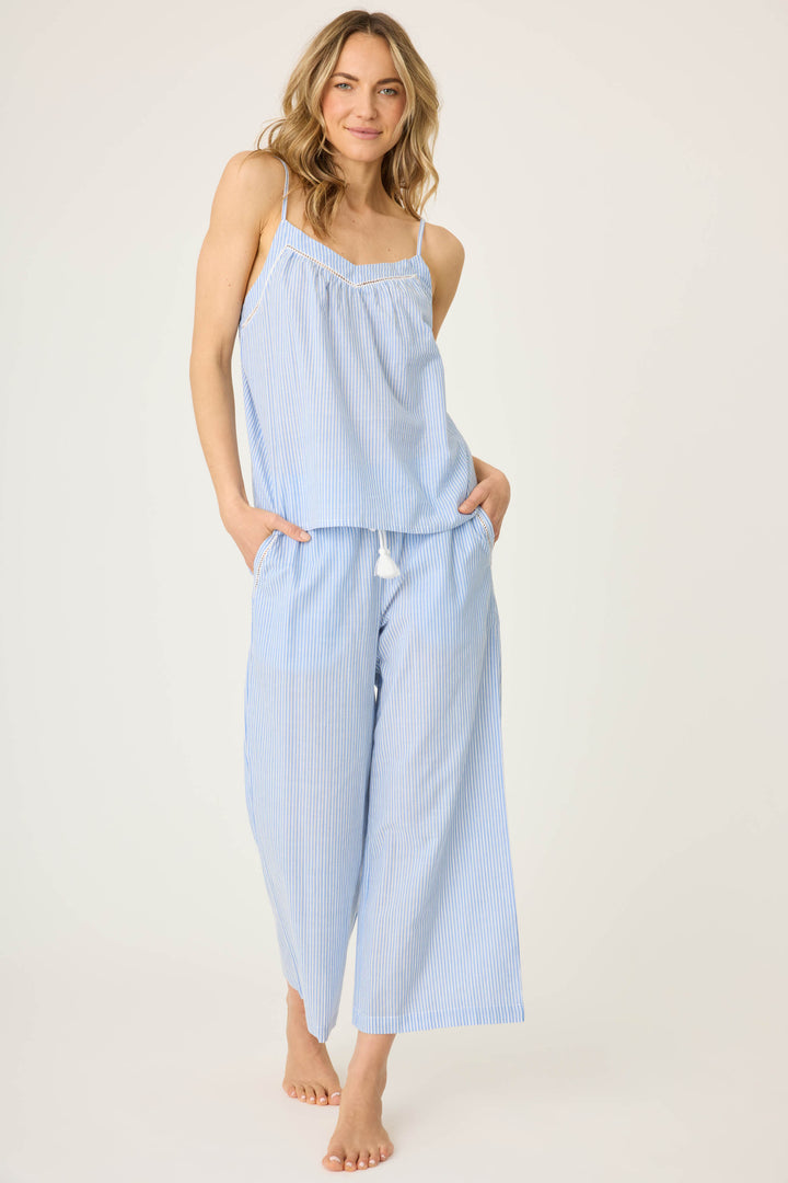 Women's blue & white striped cotton crop pant with pockets. With waist tassle cord detail. Lightweight woven.