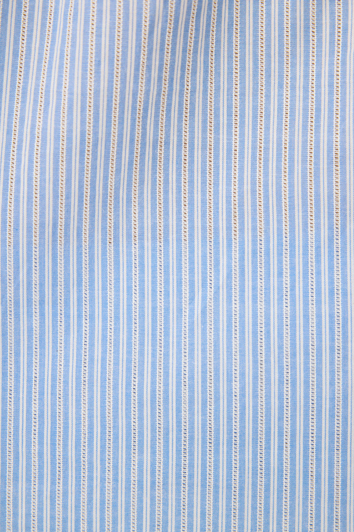 Women's blue & white striped cotton crop pant with pockets. With waist tassle cord detail. Lightweight woven.