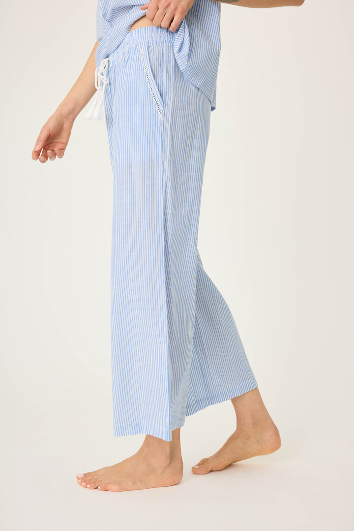 Women's blue & white striped cotton crop pant with pockets. With waist tassle cord detail. Lightweight woven.