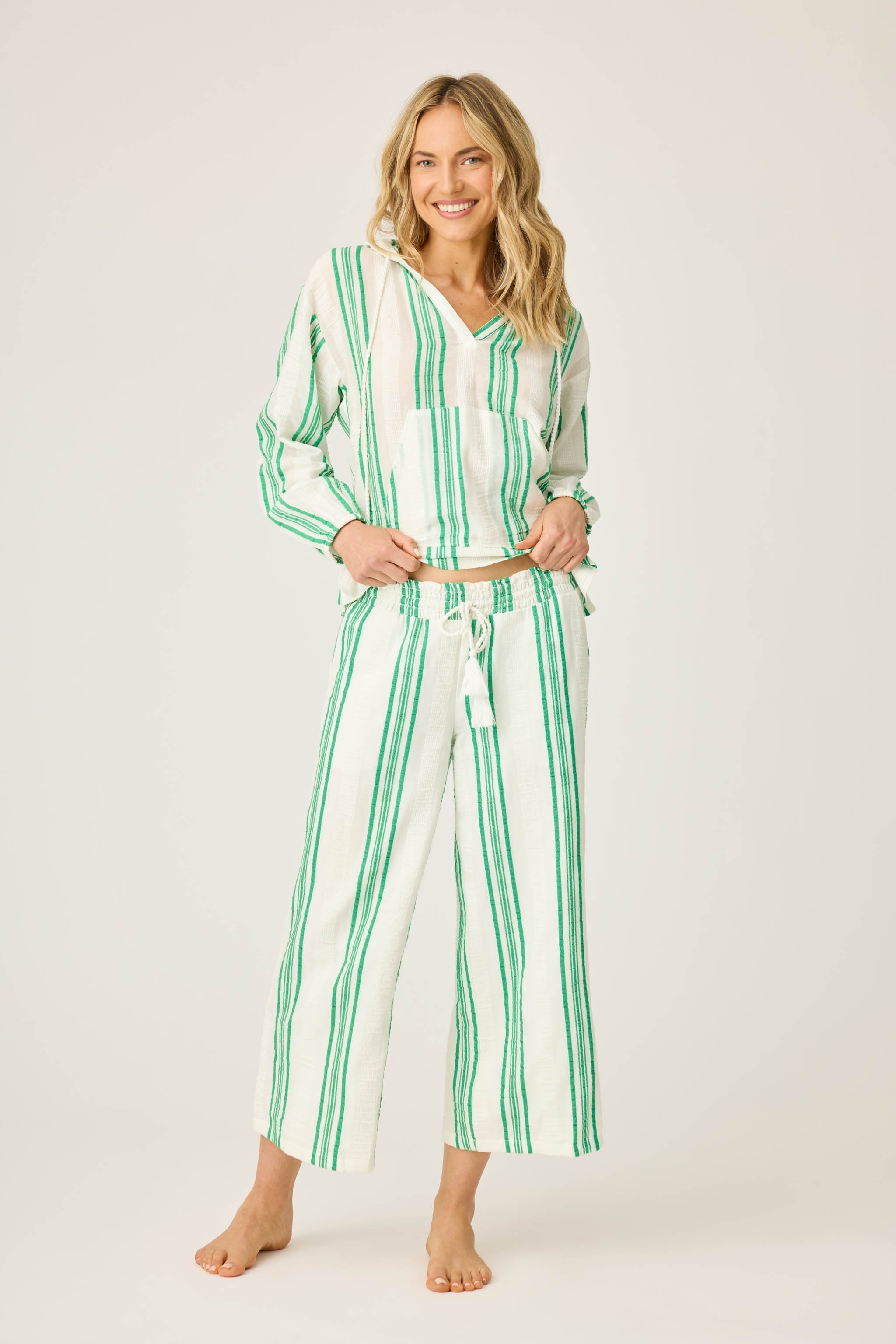Women's Ivory & Green Striped Gauze Crop Pants – P.J. Salvage