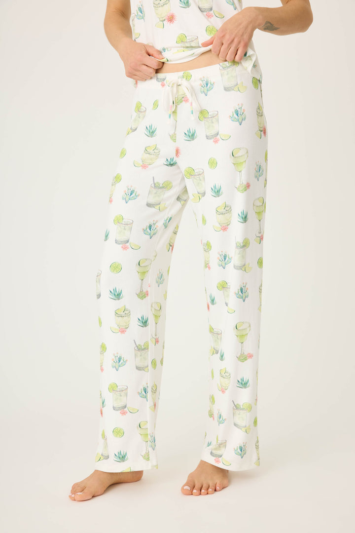 Margarita & lime printed lounge pant for women in ivory butter jersey. Straight leg with tie-waist.
