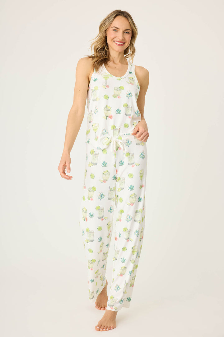 Margarita & lime printed lounge pant for women in ivory butter jersey. Straight leg with tie-waist.