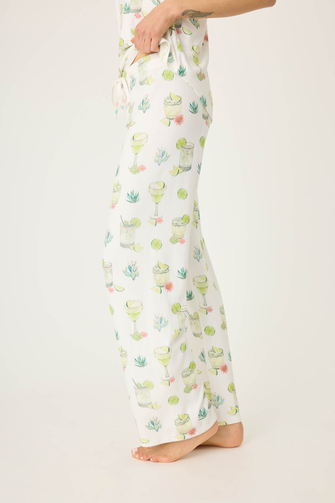 Margarita & lime printed lounge pant for women in ivory butter jersey. Straight leg with tie-waist.