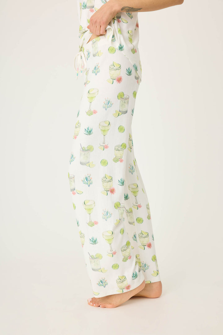 Margarita & lime printed lounge pant for women in ivory butter jersey. Straight leg with tie-waist.