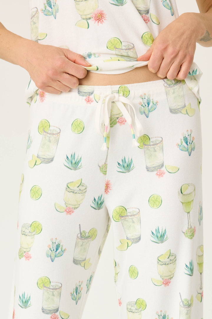 Margarita & lime printed lounge pant for women in ivory butter jersey. Straight leg with tie-waist.