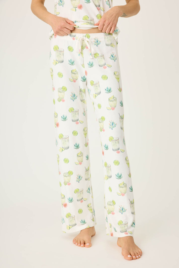 Margarita & lime printed lounge pant for women in ivory butter jersey. Straight leg with tie-waist.