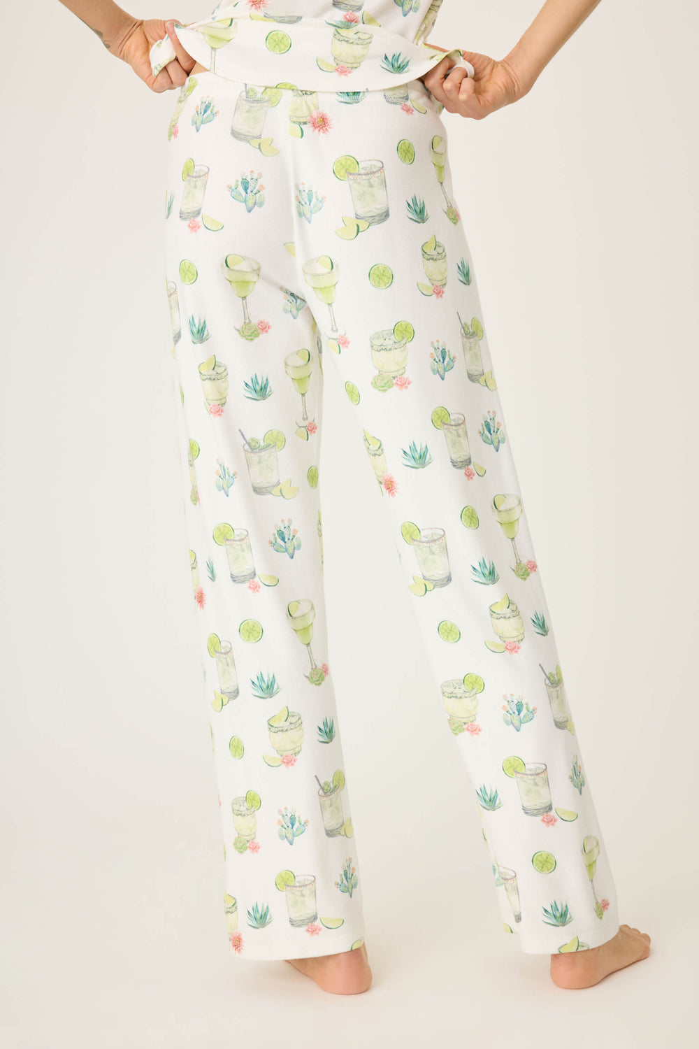 Margarita & lime printed lounge pant for women in ivory butter jersey. Straight leg with tie-waist.