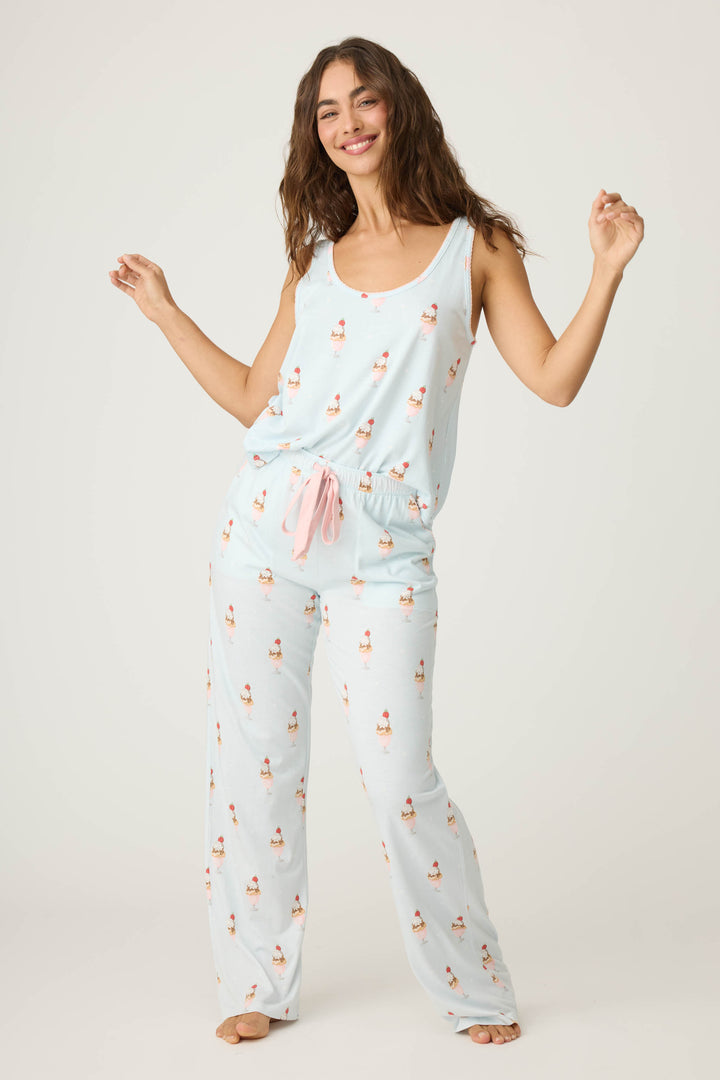 Women's light blue ice cream printed pajama set tank top & tie-waist pajama pant.
